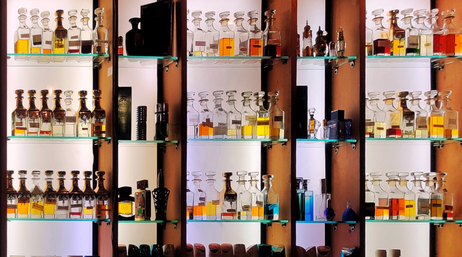 A shelf full of chemicals